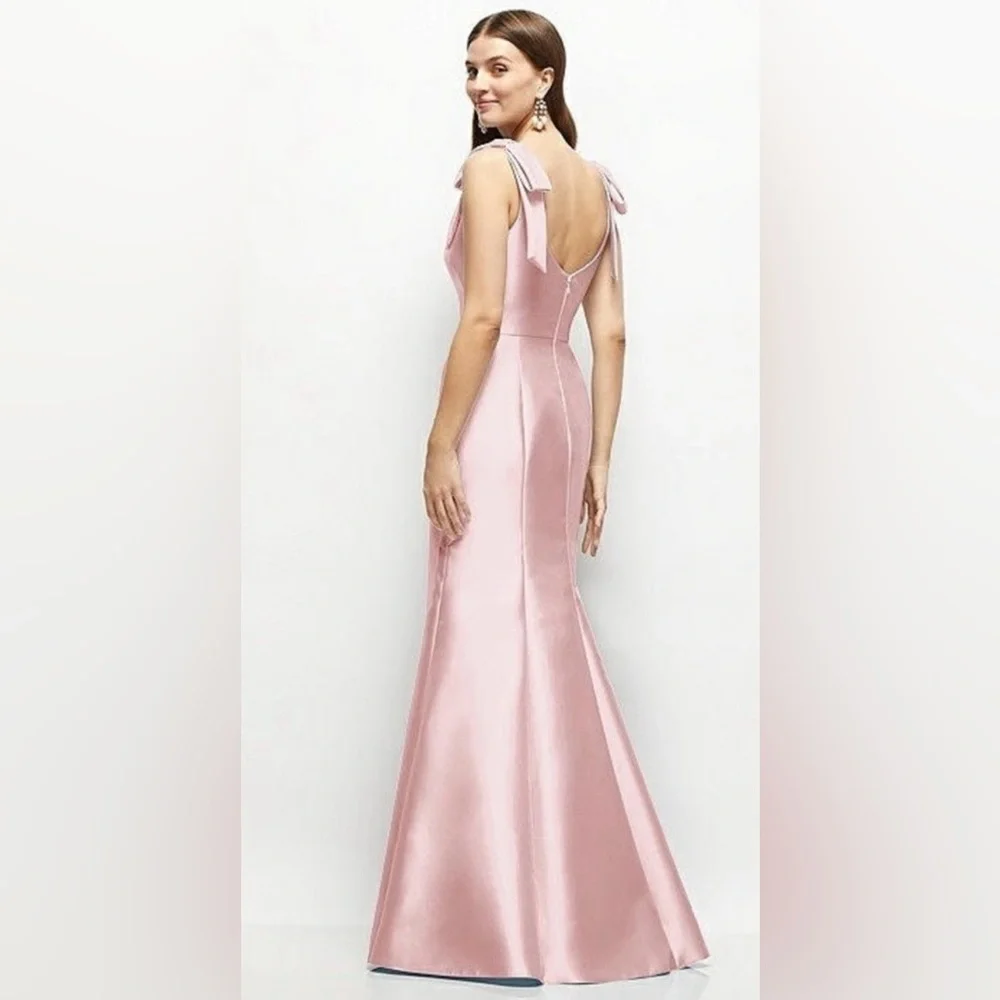 Alfred Sung Bow Strap Satin Twill Trumpet Gown in Blush Pink - Picture 3 of 12